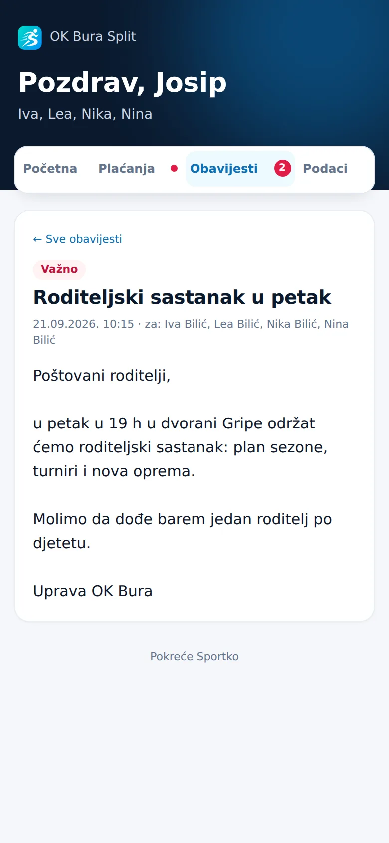 Obavijest kluba roditeljima na mobitelu