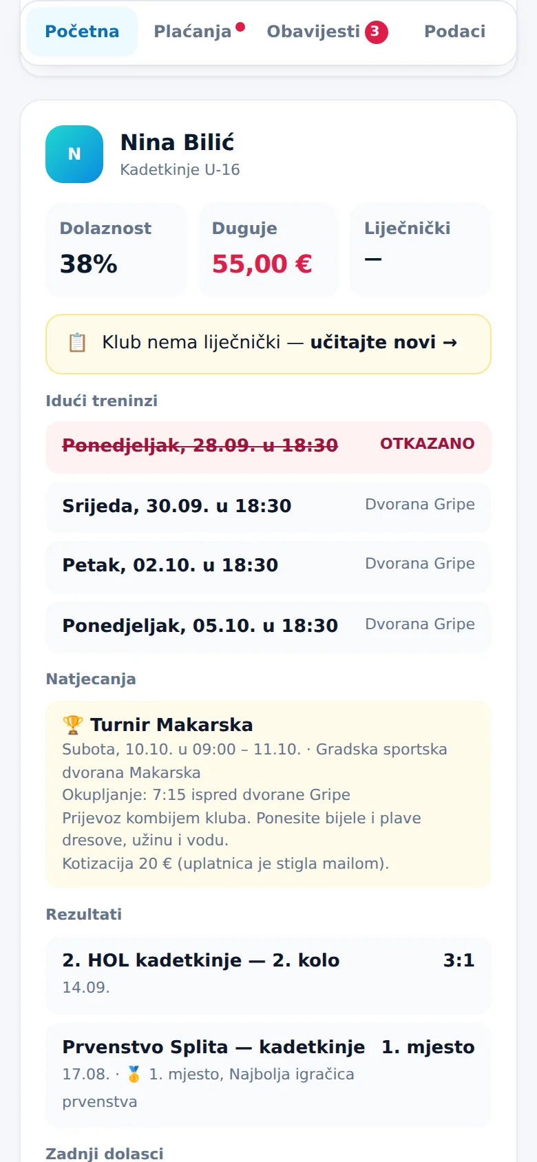 Portal za roditelje: iduće natjecanje, okupljanje i rezultati djeteta