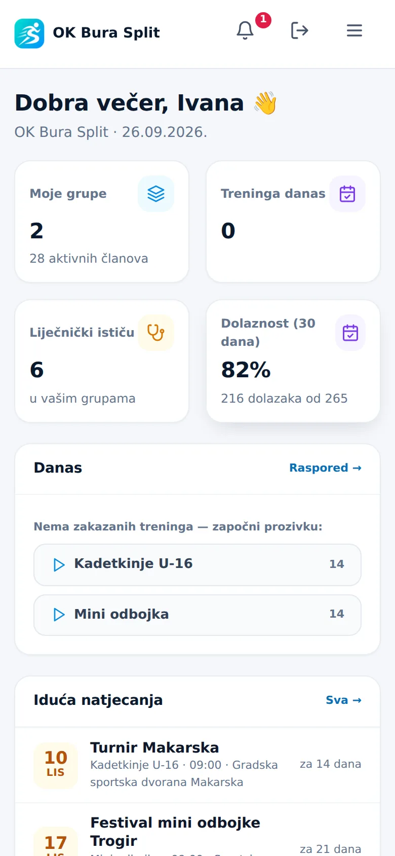 Pregled trenera na mobitelu: današnji treninzi, liječnički i iduća natjecanja